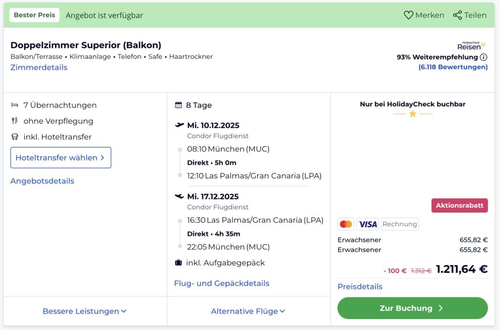 Winterurlaub auf Gran Canaria: Business Class Flüge ab 263€ (hin & zurück, inklusive Gepäck und vielen Extras)