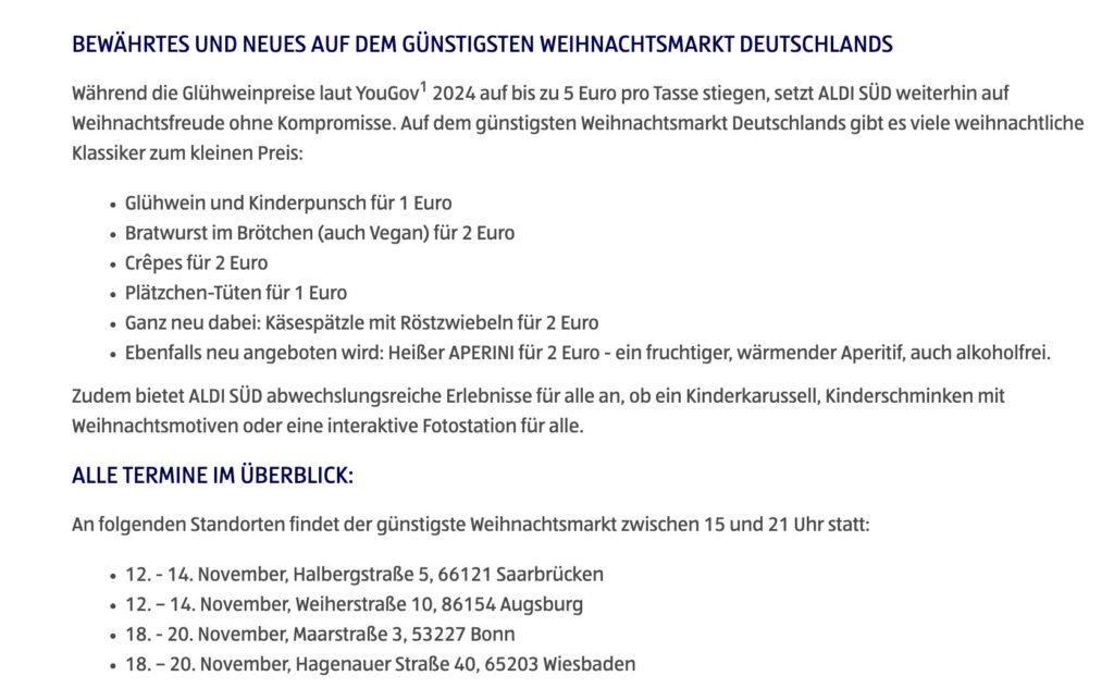 Deutschland Städtetrip: ALDI Weihnachtsmärkte in vier Städten mit 1€ Glühwein