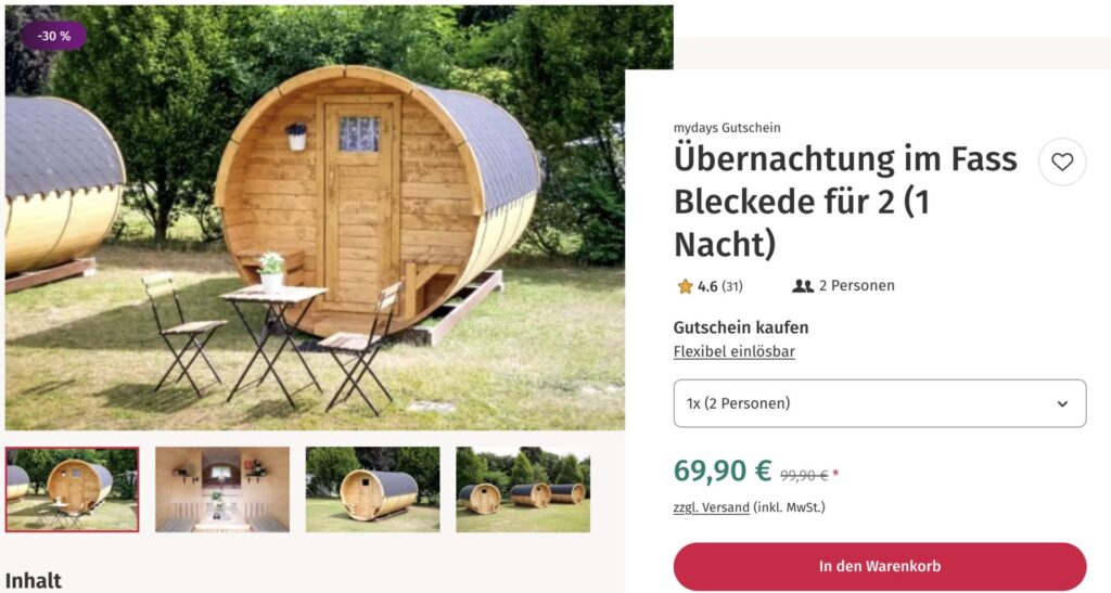 Glamping im Holzfass inkl. Frühstück & Extras als Gutschein für 38€ p.P. (bei 2 Leuten)