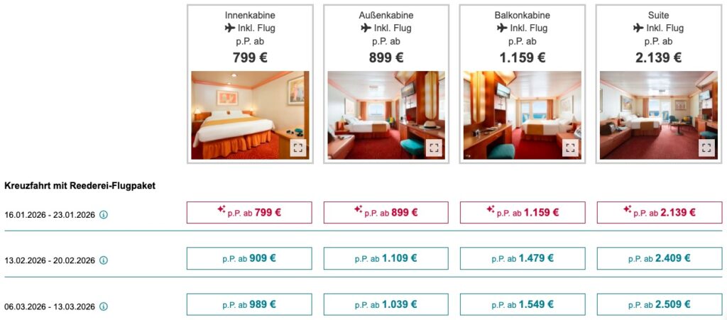 Kreuzfahrt Angebot: 7 Tage ab 269€ p.P. (bei 2 Leuten) inkl. Vollpension und Bordguthaben