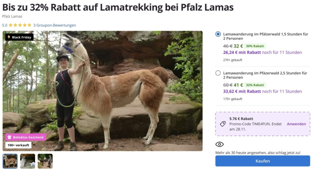 Lama Wanderung: Gutschein für Tour + Lamaführerschein nur 14,40€ p.P. (bei 2 Leuten)