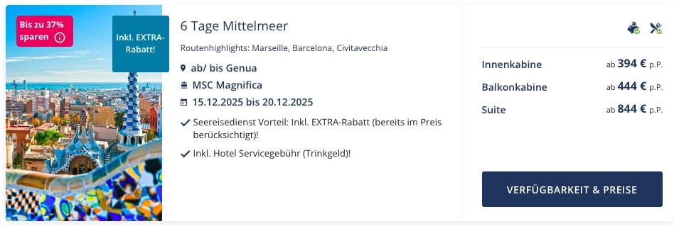 Mittelmeer Kreuzfahrt: 6 Tage inkl. Vollpension mit Balkonkabine ab 339€ p.P. (mit All In Getränkepaket ab 444€ p.P.)