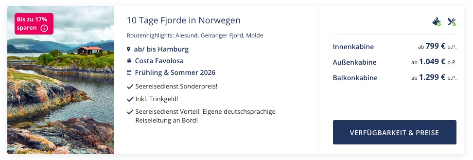 Norwegen Kreuzfahrt: 8 Tage ab / bis Hamburg für 899€ p.P. (bei 2 Leuten) mit VP & All Inclusive Getränkepaket (inkl. Alkohol)