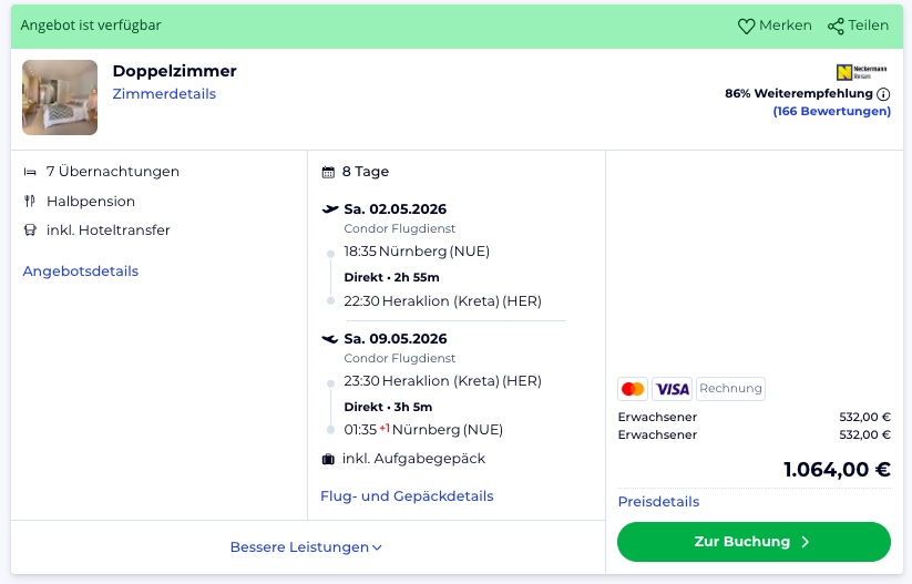 Sommerurlaub auf Kreta – 1 Woche im 4* Hotel + Halbpension, Flug & Transfer ab 532€ p.P.