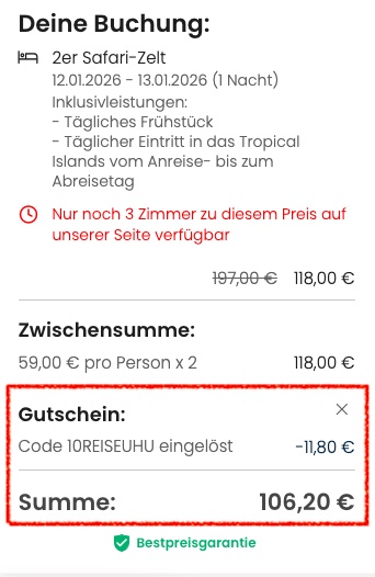 Tropical Islands im Zelt: Übernachtung mit Frühstück und Eintritt an beiden Tagen für 53€ p.P. bei 2 Leuten