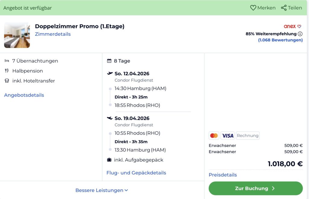 Urlaub auf Rhodos: 1 Woche im 4* Hotel mit Halbpension und Flug ab 493€ p.P. (DZ)