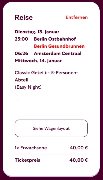 Bahn Spezial: Nachtzug in die Niederlande (z.B. Amsterdam, Den Haag) oder Brüssel für 40€