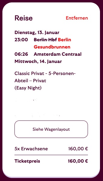 Bahn Spezial: Nachtzug in die Niederlande (z.B. Amsterdam, Den Haag) oder Brüssel für 40€