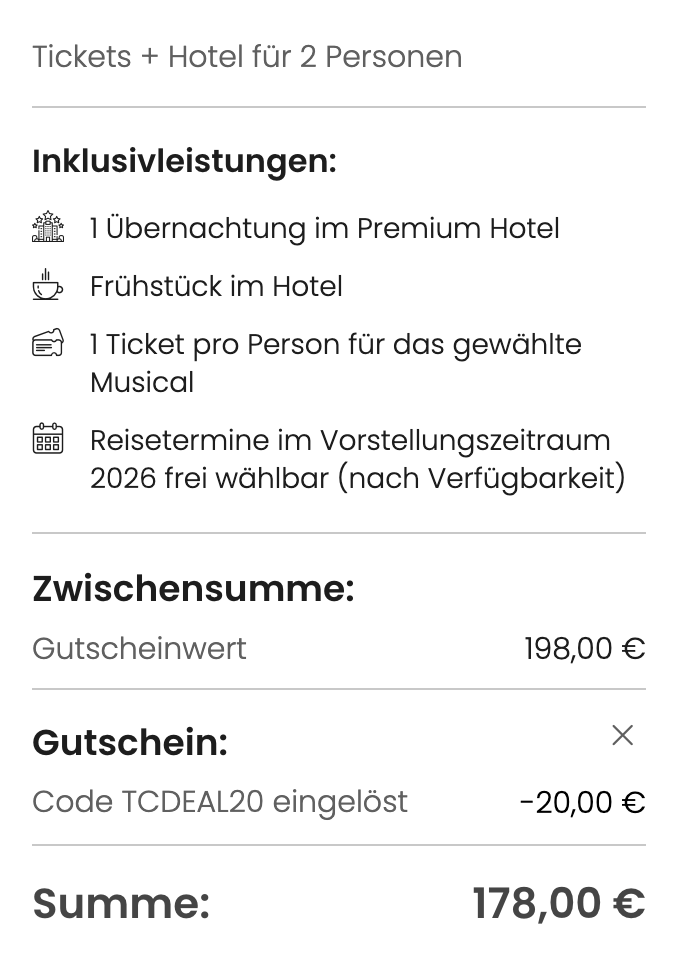 Deutschland Musicals: Hotel + Ticket für 99€ p.P. (DZ) / verschiedene Shows zur Wahl