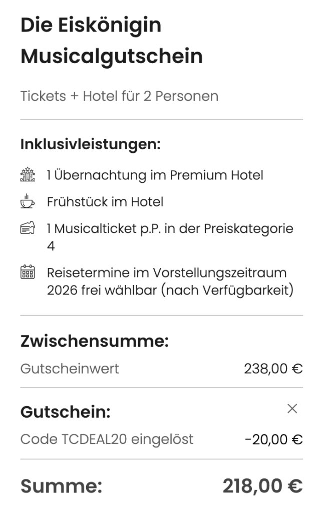 Disneys DIE EISKÖNIGIN Das Musical©: Hotel + Tickets ab 116€ p.P. (DZ) / als Gutschein für 119€ p.P. (DZ)