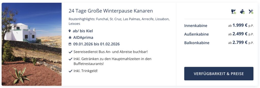 Kanaren Kreuzfahrt: 6 Tage mit Vollpension ab 269€ p.P. (Doppelkabine)