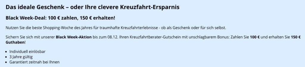 Kreuzfahrt Schnäppchen: Gutschein für 100€ kaufen, 150€ Gutscheinwert bekommen