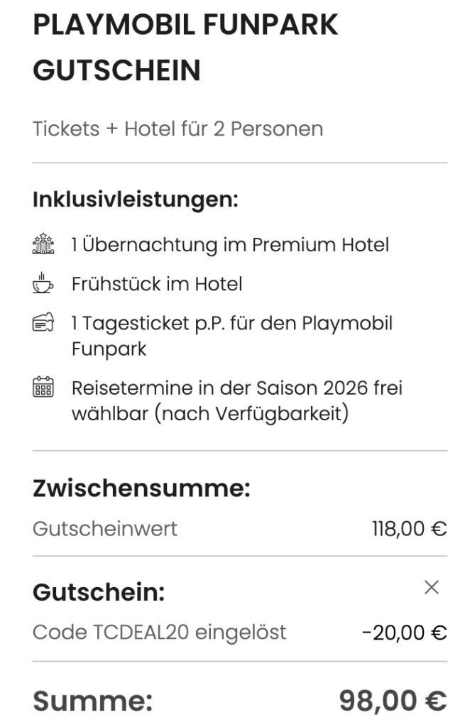 Playmobil Funpark: Hotel & Tageseintritt in den Park ab 59€ p.P. (DZ) oder als Gutschein für 49€ p.P. (nur heute!)