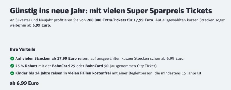 Sparpreis Aktion: 200.000 Extra Super Sparpreis Tickets an Silvester und Neujahr ab 17,99€ / auf kurzen Strecken ab 6,99€