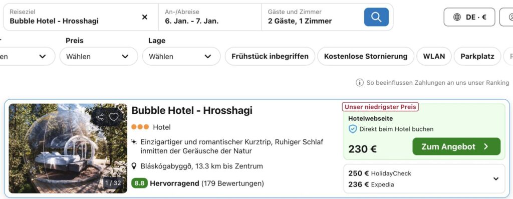 Traum erfüllen Bubble Hotel auf Island