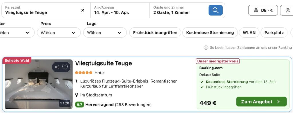 Übernachtung im Flugzeughotel: Luxussuite mit Sauna, Whirlpool, Terrasse & inkl. Frühstück ab 225€ p.P.