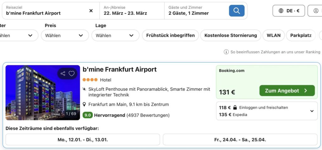 Frankfurt Städtetrip: Parkplatz fürs Auto im Hotelzimmer + Blick auf die Flughafenlandebahn ab 114€ p.P. bei 2 Leuten