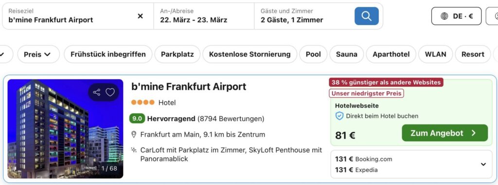Frankfurt Städtetrip: Parkplatz fürs Auto im Hotelzimmer + Blick auf die Flughafenlandebahn ab 151€ p.P. bei 2 Leuten