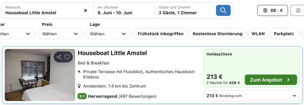 Hausboot mieten in Amsterdam: 3 Tage in top Lage ab 192€ p.P. (bei 2 Leuten)