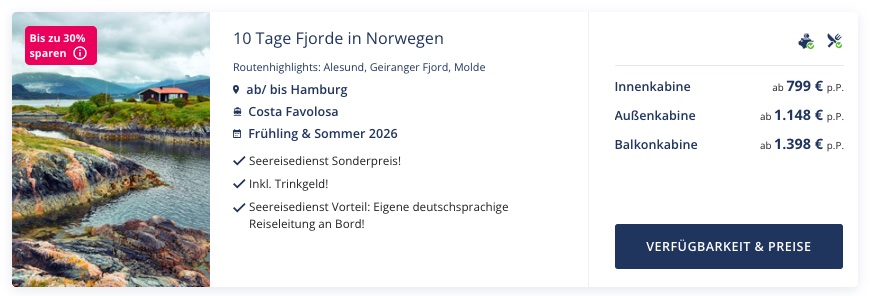 Norwegen Kreuzfahrt: 10 Tage ab / bis Hamburg ab 799€ p.P. (bei 2 Leuten) mit Vollpension