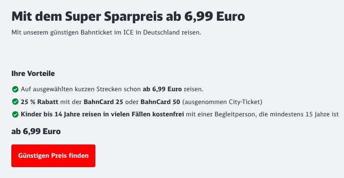Sparpreis Aktion: Super Sparpreis Tickets ab 6,99€