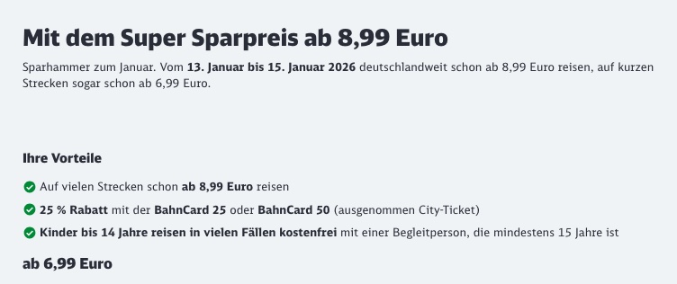 Sparpreis Aktion: Super Sparpreis Tickets ab 6,99€