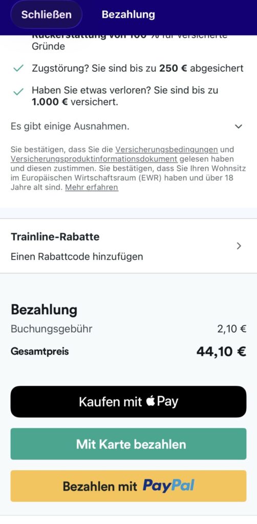 Screenshot Trainline App - Bezahlung und Rabatt einlösen