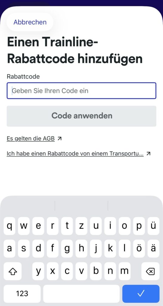 Screenshot Trainline App - Rabattcode einfügen