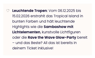 Tropical Islands im Zelt: Übernachtung mit Frühstück und Eintritt an beiden Tagen für 59€ p.P. bei 2 Leuten