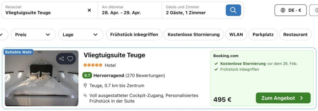 Übernachtung im Flugzeughotel: Luxussuite mit Sauna, Whirlpool, Terrasse & inkl. Frühstück ab 225€ p.P.