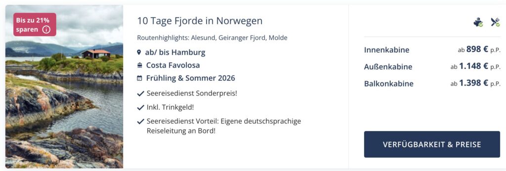 Norwegen Kreuzfahrt: 10 Tage ab / bis Hamburg ab 799€ p.P. (bei 2 Leuten) mit Vollpension