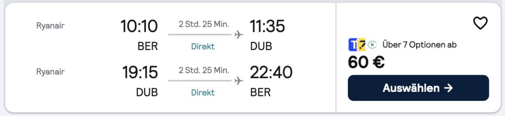 Städtetrip nach Dublin: Hin & Rückflug (morgens hin, abends zurück) ab 52€