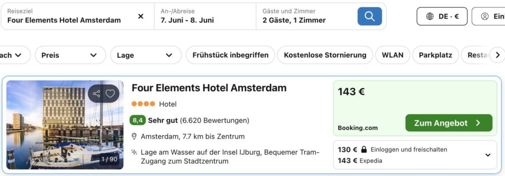 Amsterdam Hotel Schnäppchen: 4* Hotel mit Bar im 10. Stock samt Ausblick aufs Wasser ab 39€ p.P. (DZ)