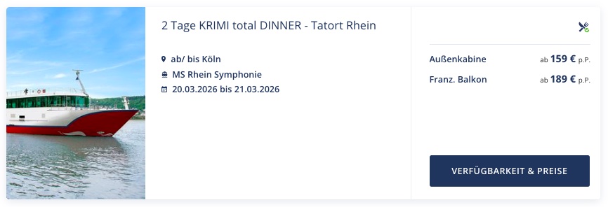 Flusskreuzfahrt Europa: Krimi-Dinner auf dem Rhein mit Vollpension und Außenkabine ab 159€ p.P.