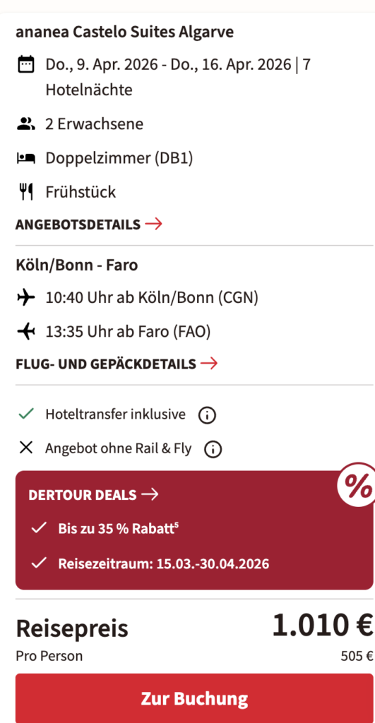 Kurztrip Algarve: 1 Woche mit Flug, Transfer & Frühstück ab 508€ p.P.