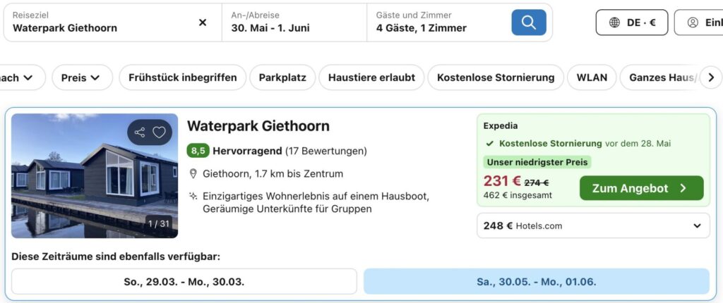 Kurzurlaub in Giethoorn: 3 Tage mit Unterkunft am Kanal ab 93€ p.P. (bei 4 Leuten)