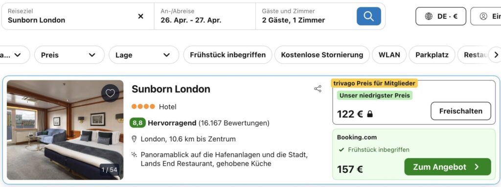 London Kurztrip: 4* Yachthotel ab 65€ p.P. bei 2 Leuten inkl. Frühstück