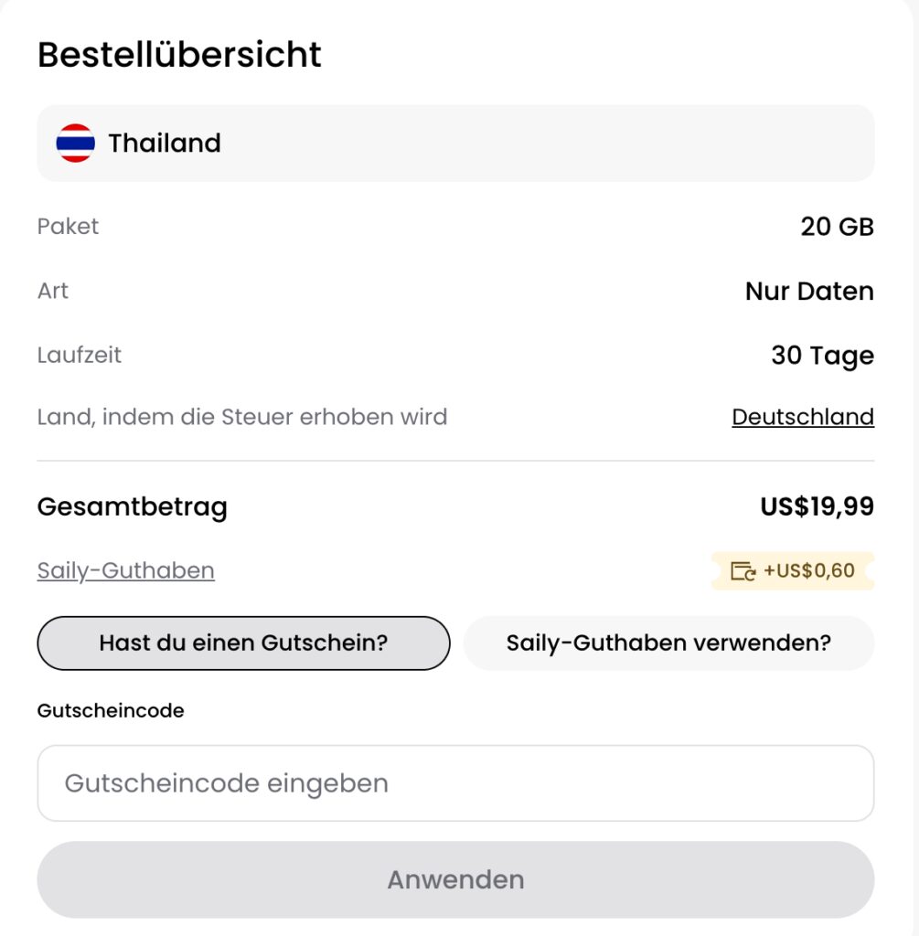 Saily Gutschein anwenden - Beispiel