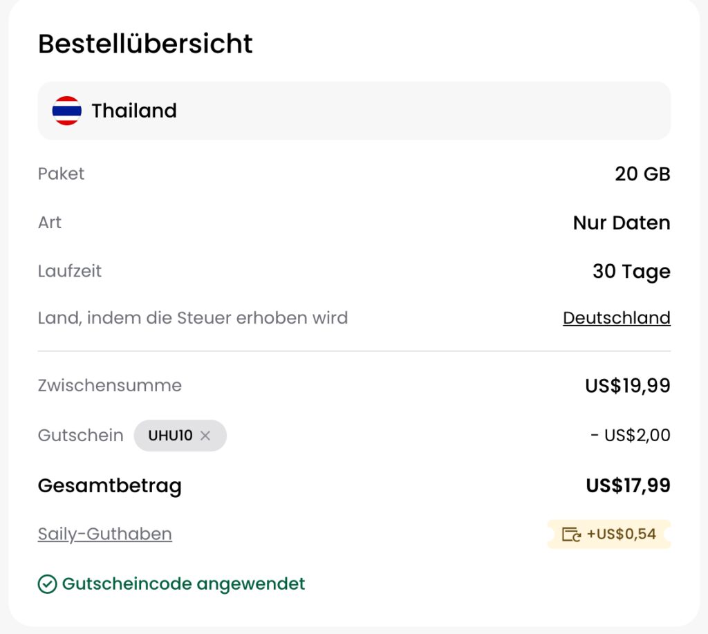 Saily Gutschein einlösen - exklusiver Reiseuhu Code am Beispiel dargestellt