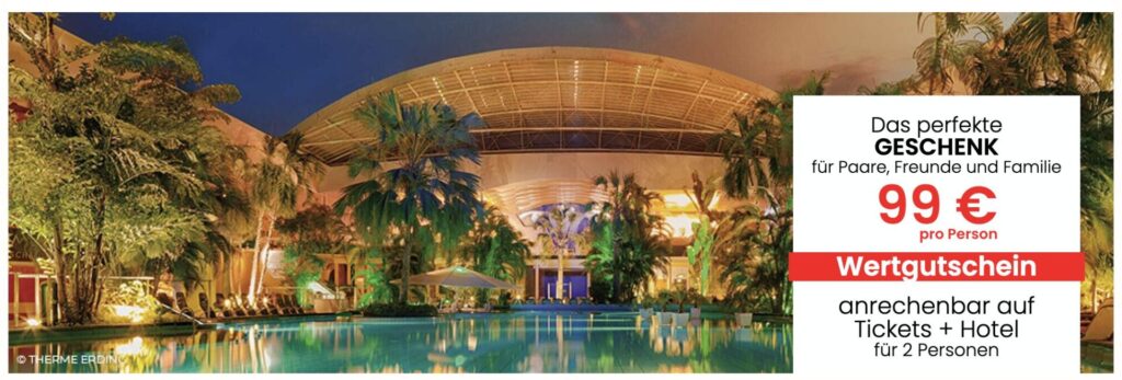 Therme Erding: Hotel und Tagesticket ab 79€ p.P. (DZ) als Gutschein
