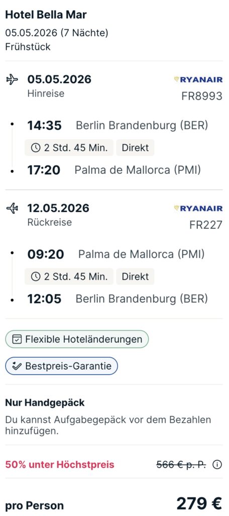 Trip nach Mallorca: 1 Woche mit Frühstück & Flug ab 289€ p.P.
