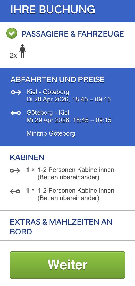 Skandinavien Rundreise: mit der Fähre von Kiel nach Göteborg und zurück ab 69€ p.P. (bei 2 Leuten)