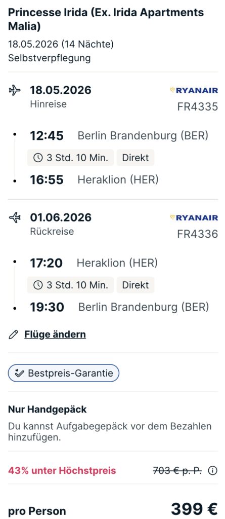 Griechenland Reise: 2 Wochen Kreta inkl. Flug im top bewerteten Hotel ab 369€ p.P.