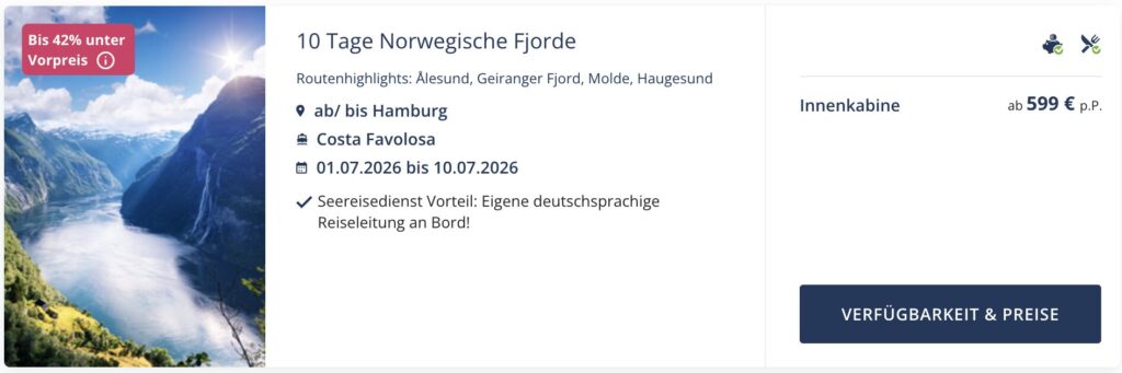 Kreuzfahrt Schnäppchen: 8 Tage Nordische Fjorde ab 479€ p.P. (Doppelkabine) inkl. Vollpension