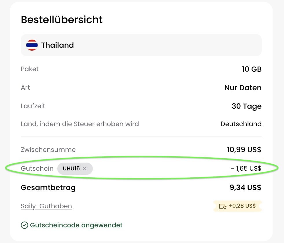 Code zum Sparen für die eSIM von Saily. 15% Rabatt mit Code UHU15