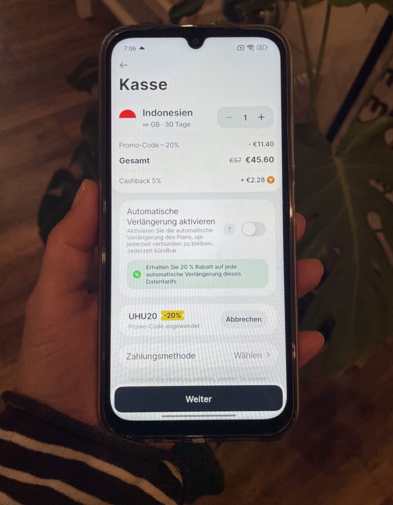 Screenshot der Yesim eSIM für Indonesien, Beispiel 30 Tage unbegrenztes Datenvolumen mit Rabatt (Stand Juli 2026). Bild: Jana Willeke