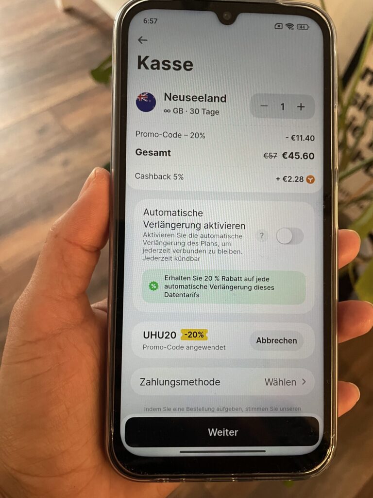 Screenshot der Yesim eSIM für Neuseeland, Beispiel 30 Tage unbegrenztes Datenvolumen mit Rabatt (Stand Juli 2026). Bild: Jana Willeke