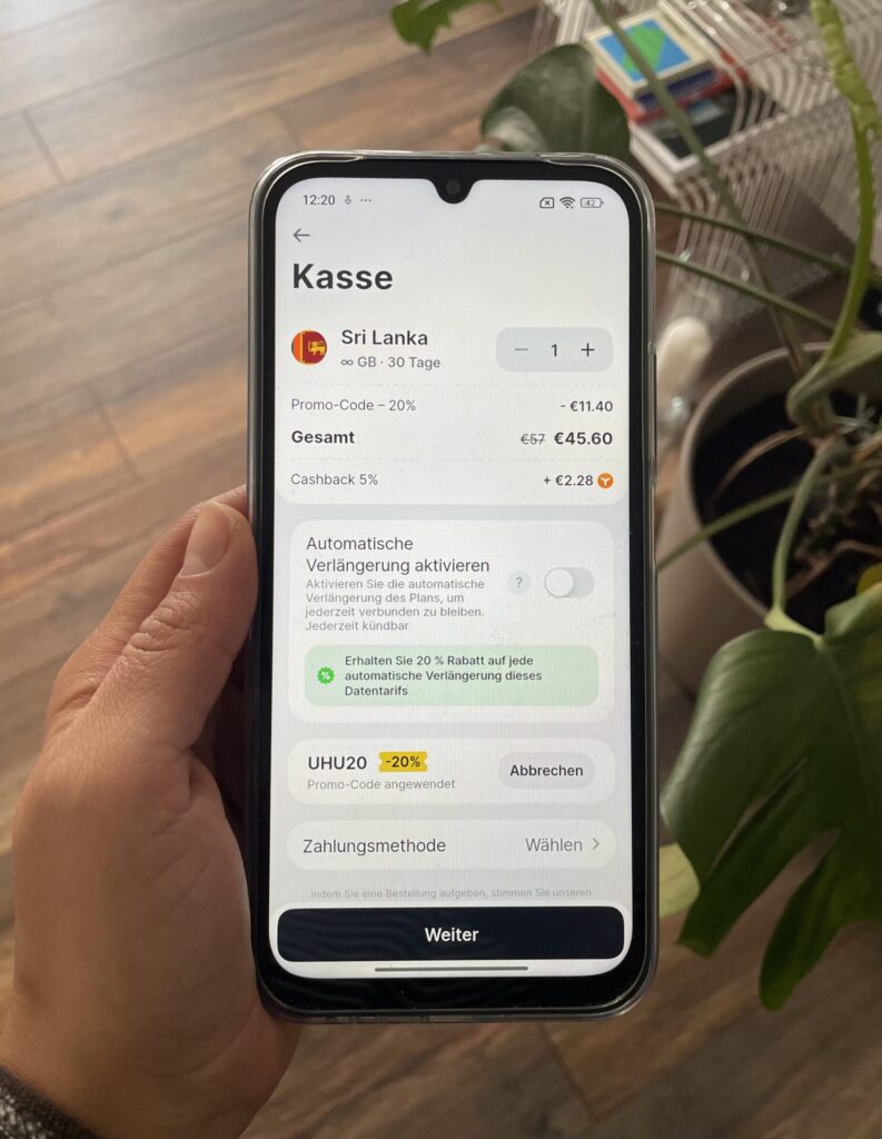 Screenshot der Yesim eSIM für Sri Lanka, Beispiel 30 Tage unbegrenztes Datenvolumen mit Rabatt (Stand Juli 2026). Bild: Jana Willeke