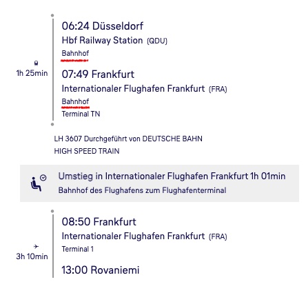 Beispiel für eine Zugfahrt auf dem Flugticket (Düsseldorf - Rovaniemi)