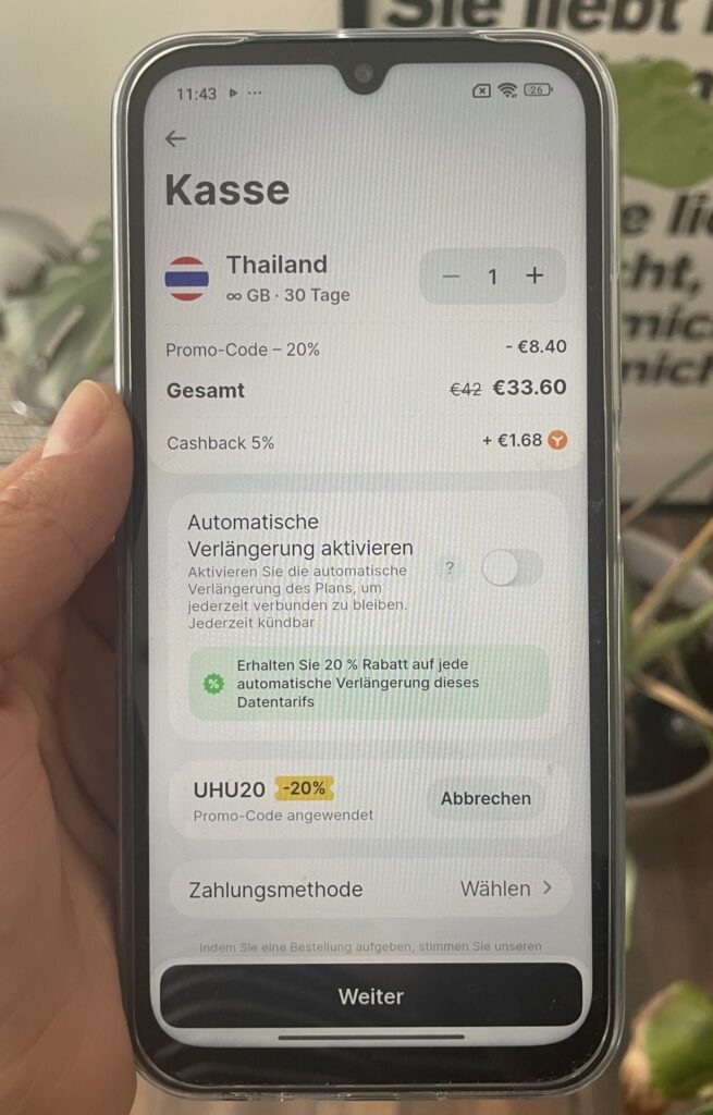 Screenshot der Yesim eSIM für Thailand, Beispiel 30 Tage unbegrenztes Datenvolumen mit Rabatt (Stand Juli 2026). Bild: Jana Willeke